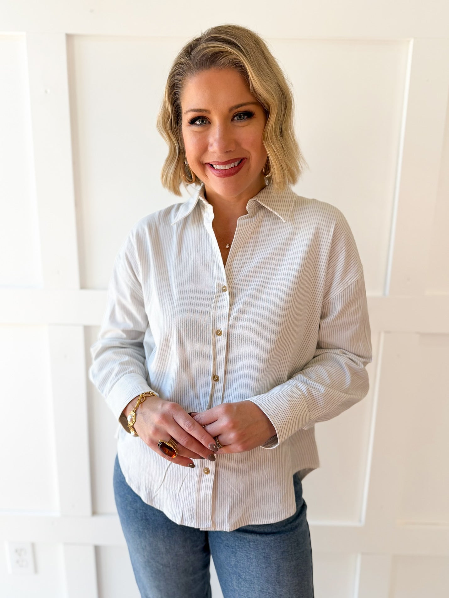 Pin Stripe Button Boyfriend Shirt