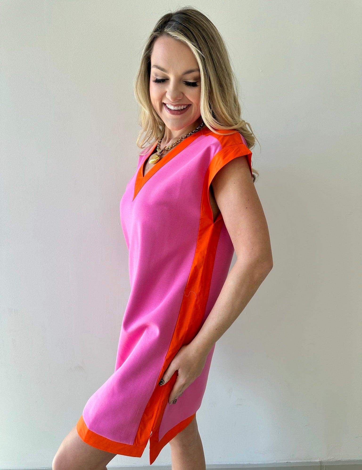 Pink & Orange Trim Shift Dress