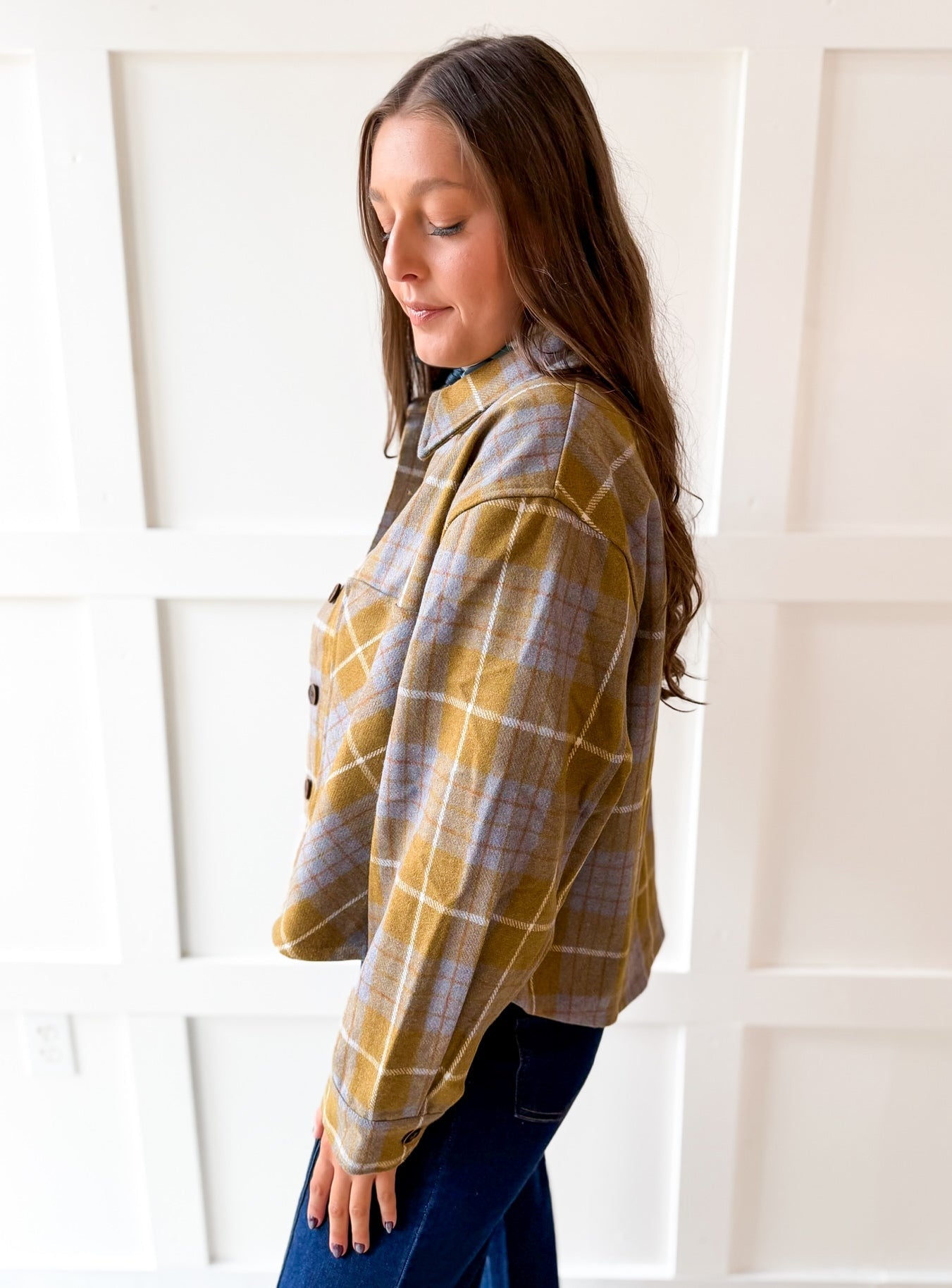 Plaid Button Jacket- Olive Plaid