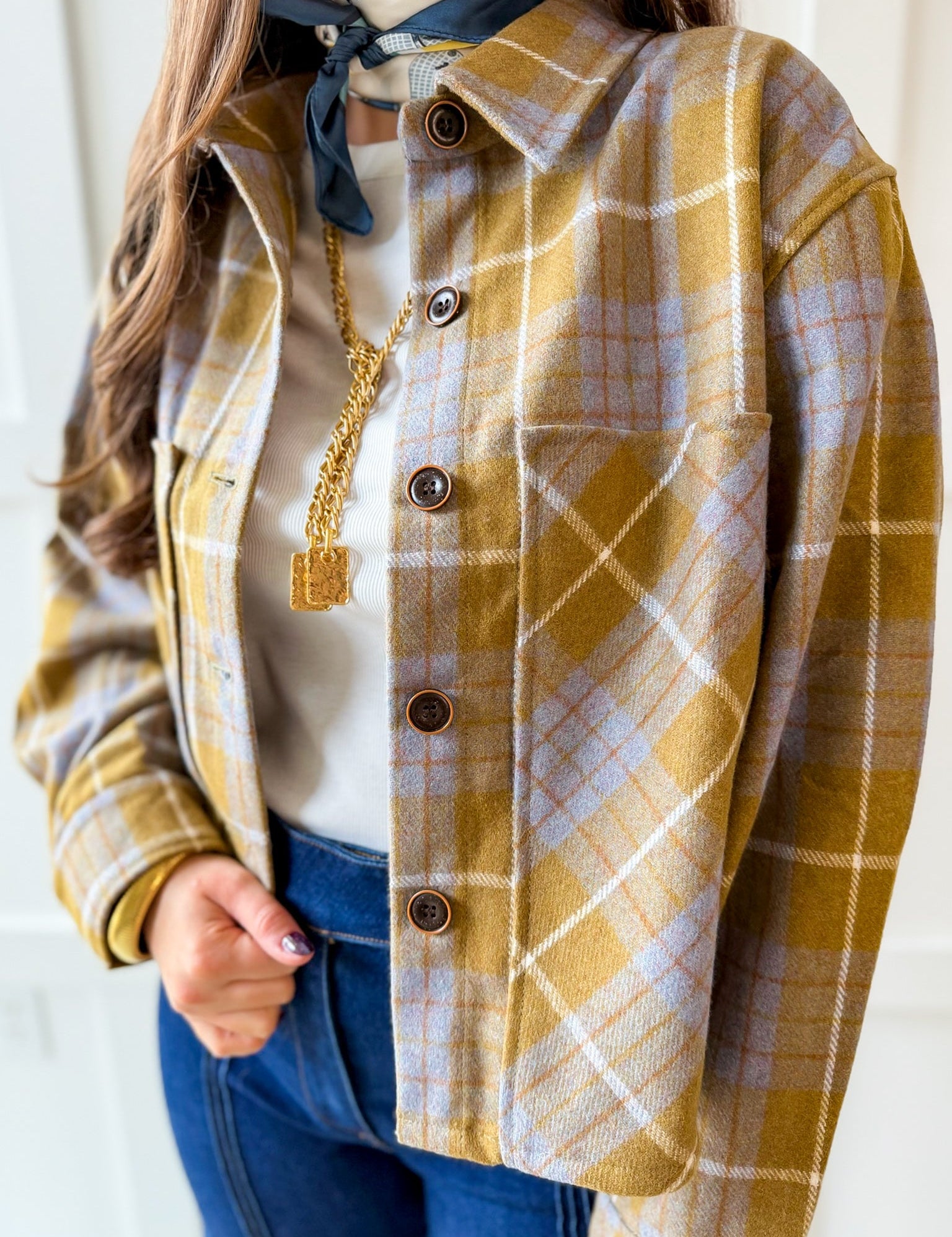 Plaid Button Jacket- Olive Plaid