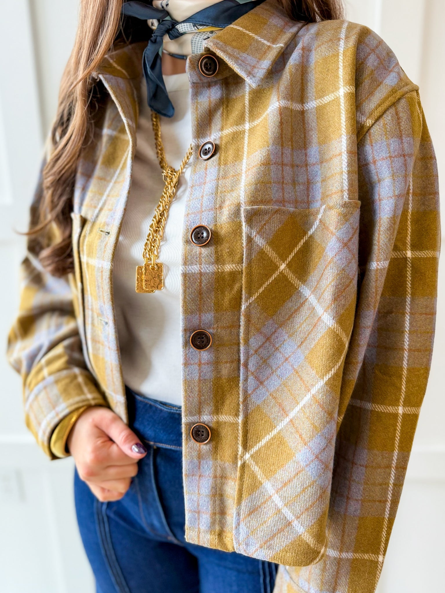 Plaid Button Jacket- Olive Plaid