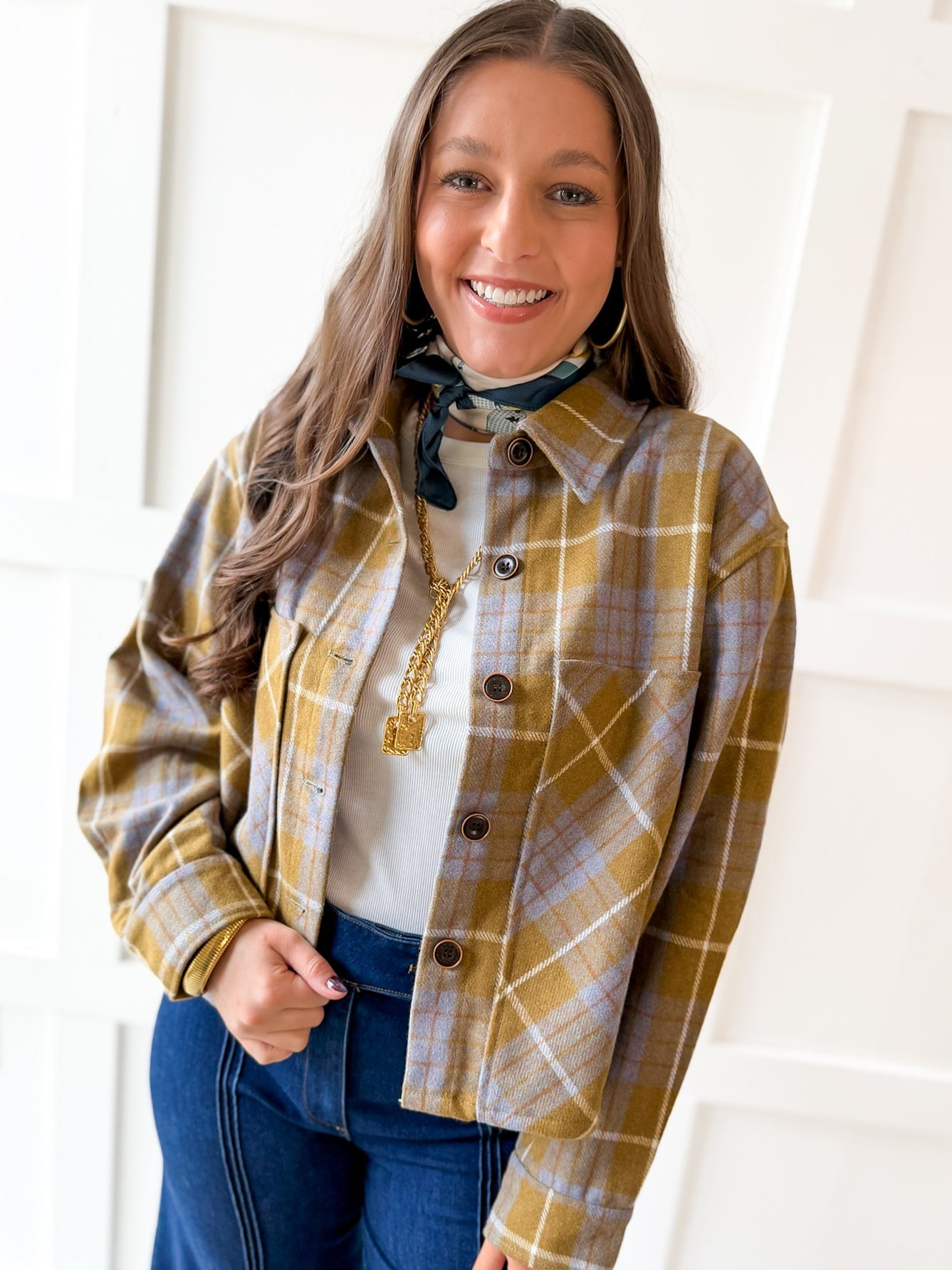 Plaid Button Jacket- Olive Plaid