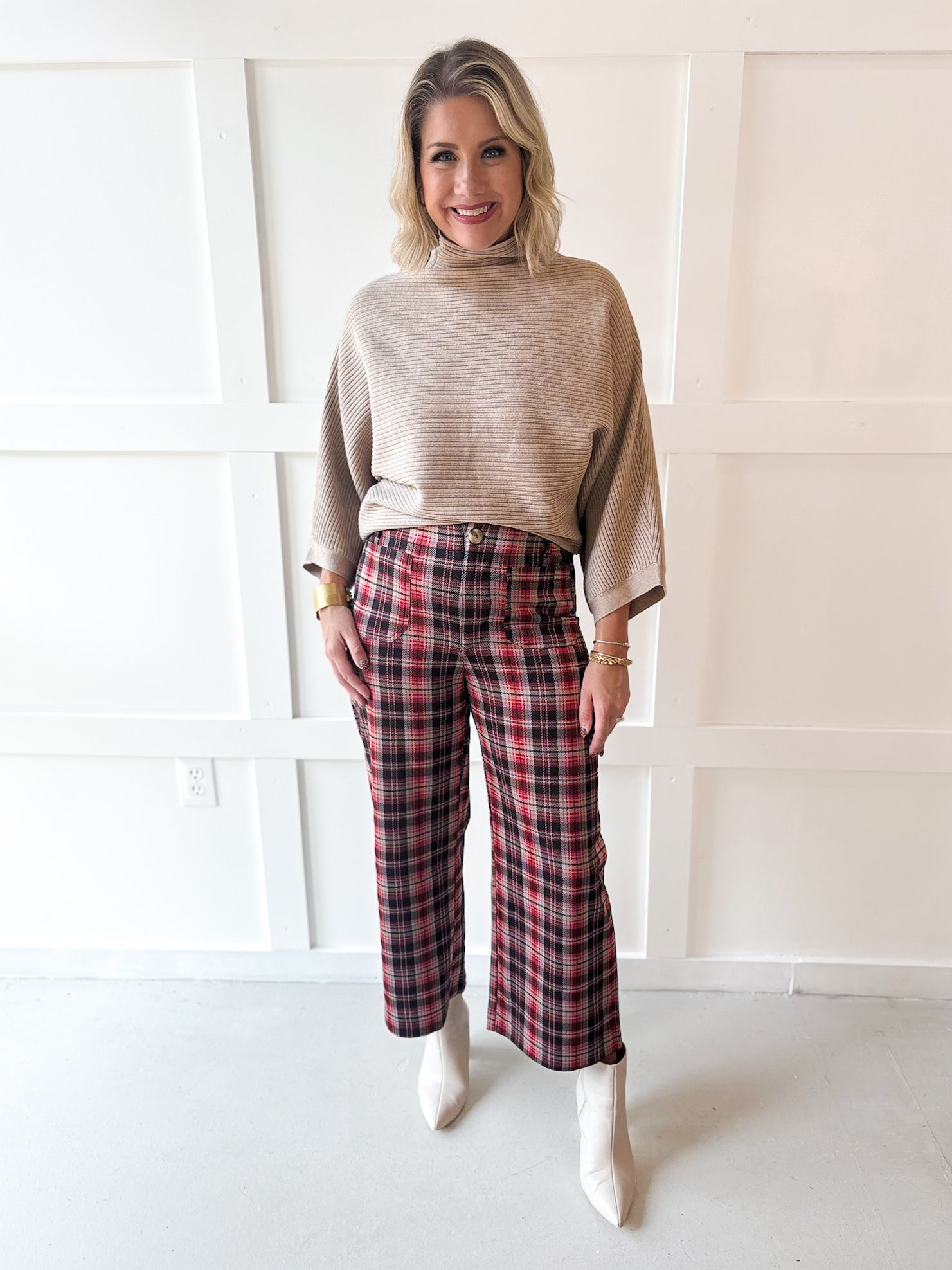 Plaid High Rise Patch Pants - Vintage Red