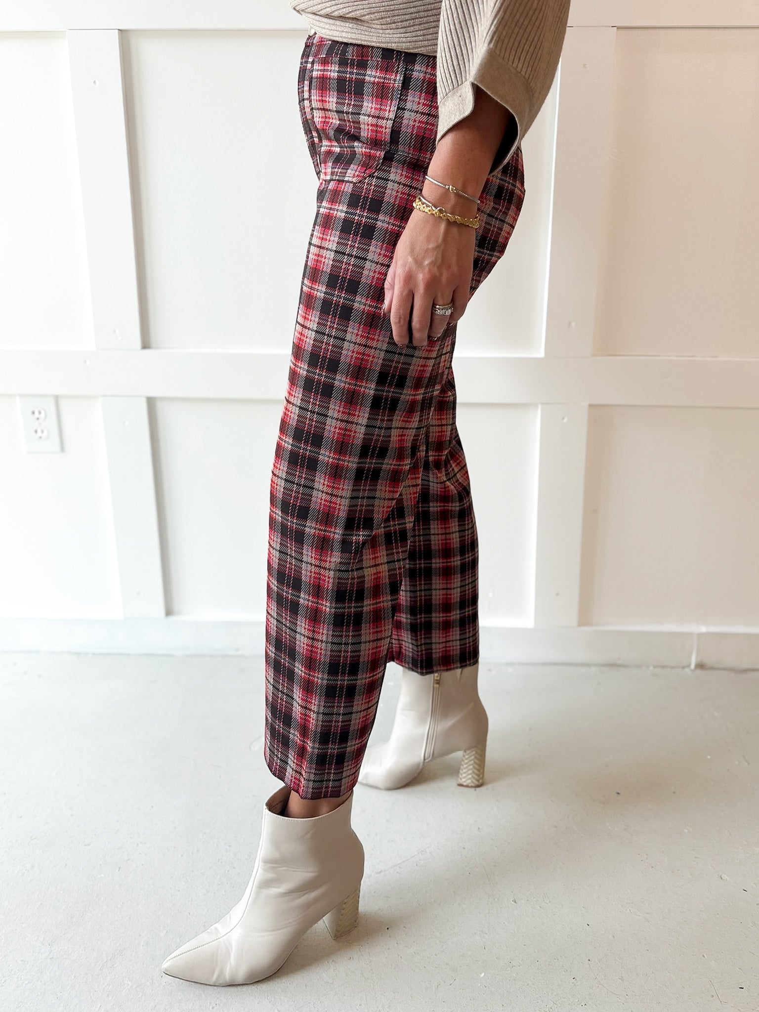 Plaid High Rise Patch Pants - Vintage Red
