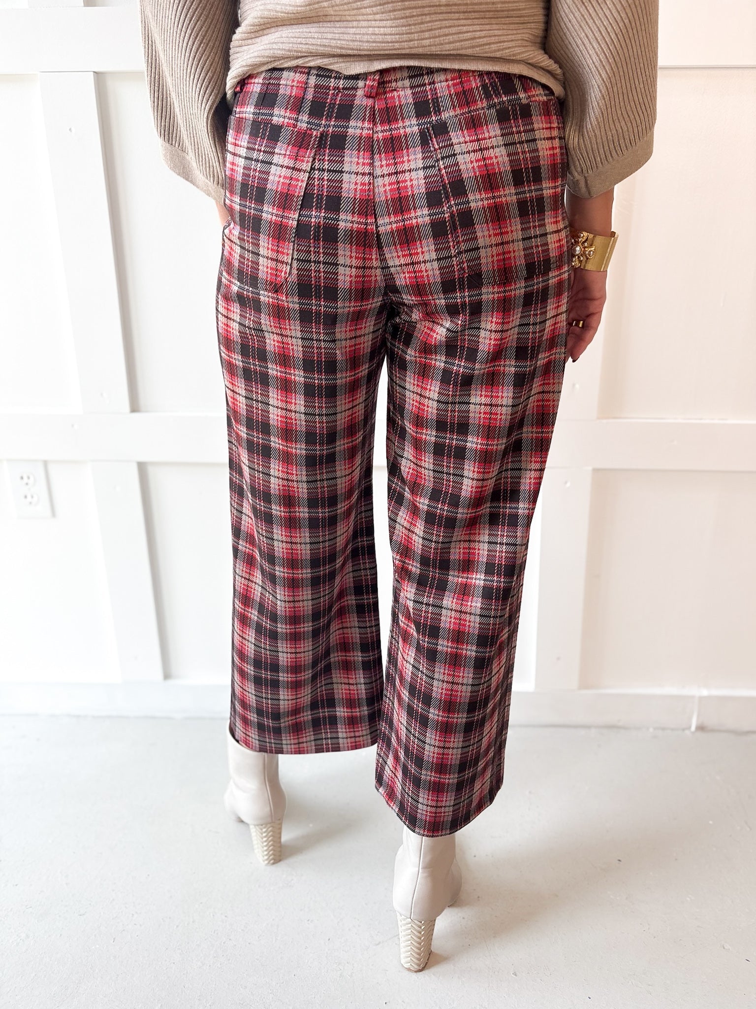 Plaid High Rise Patch Pants - Vintage Red
