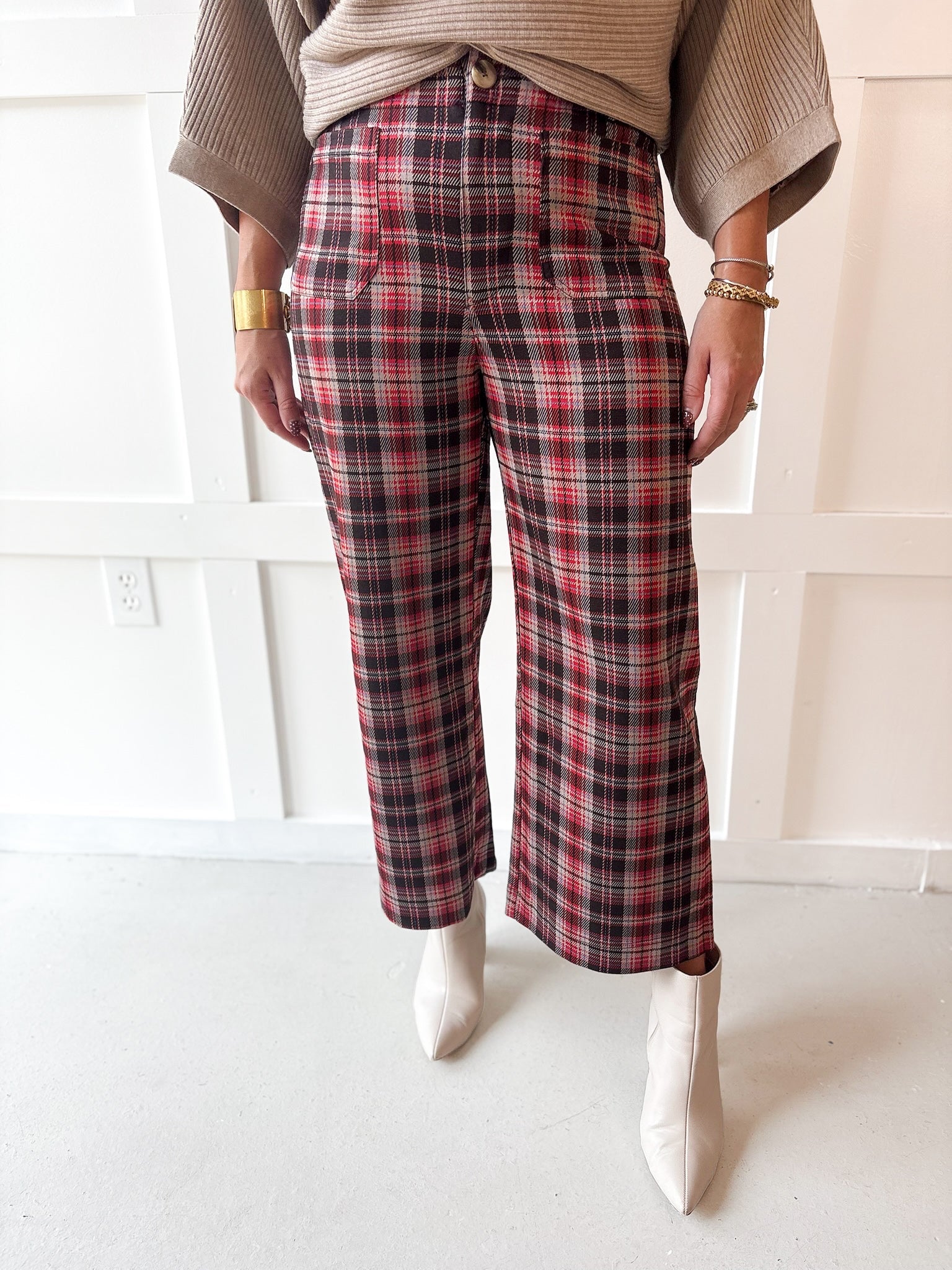 Plaid High Rise Patch Pants - Vintage Red