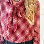 Plaid Print Wrap Top - Merlot