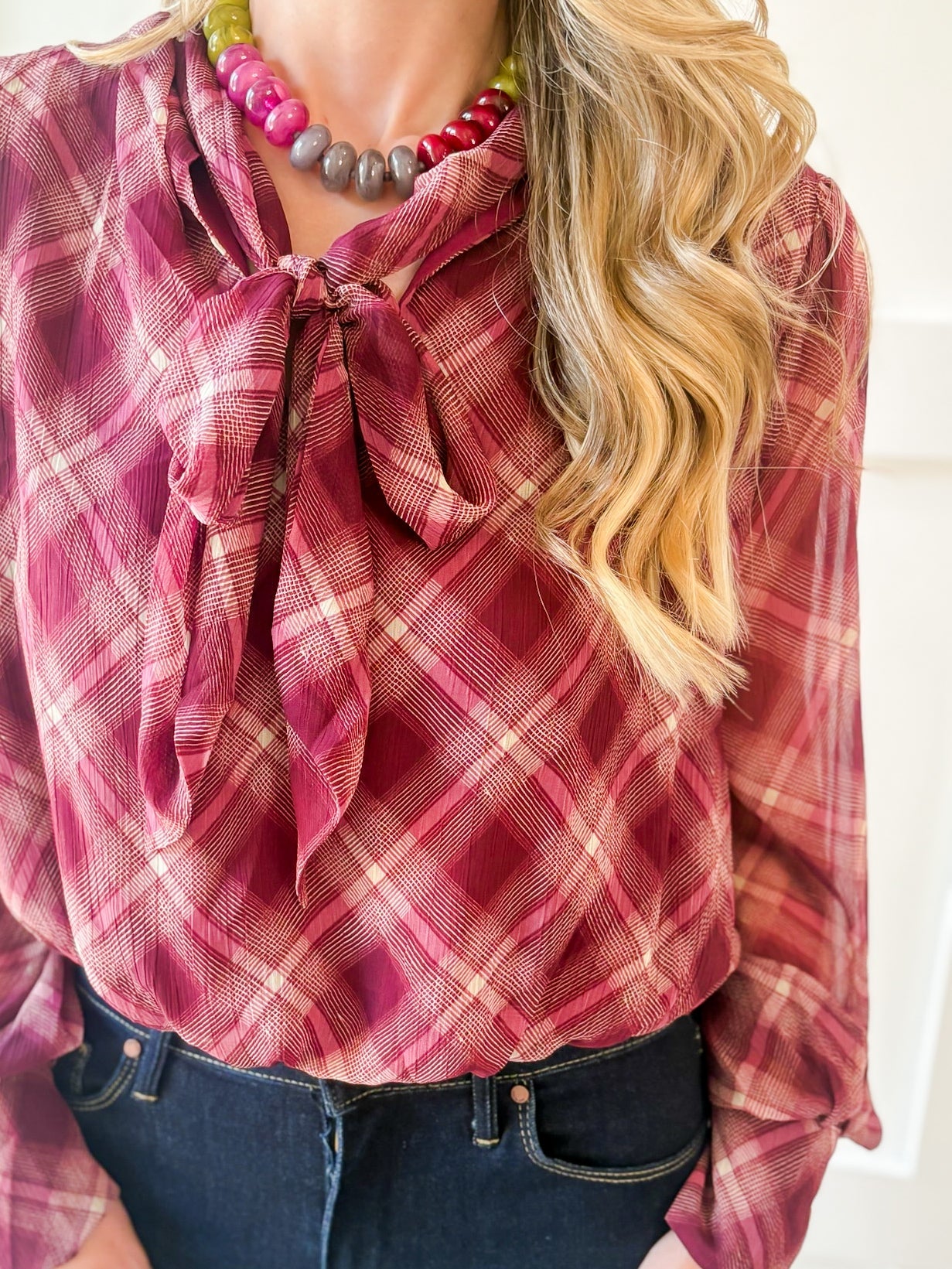 Plaid Print Wrap Top - Merlot
