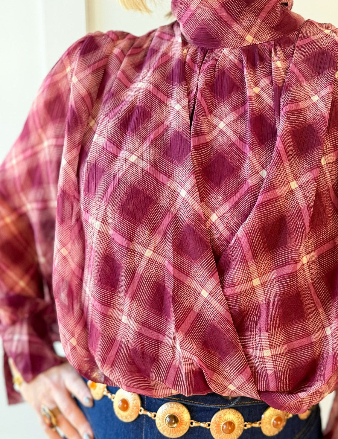 Plaid Print Wrap Top - Merlot