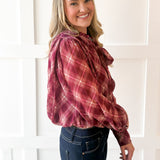 Plaid Print Wrap Top - Merlot