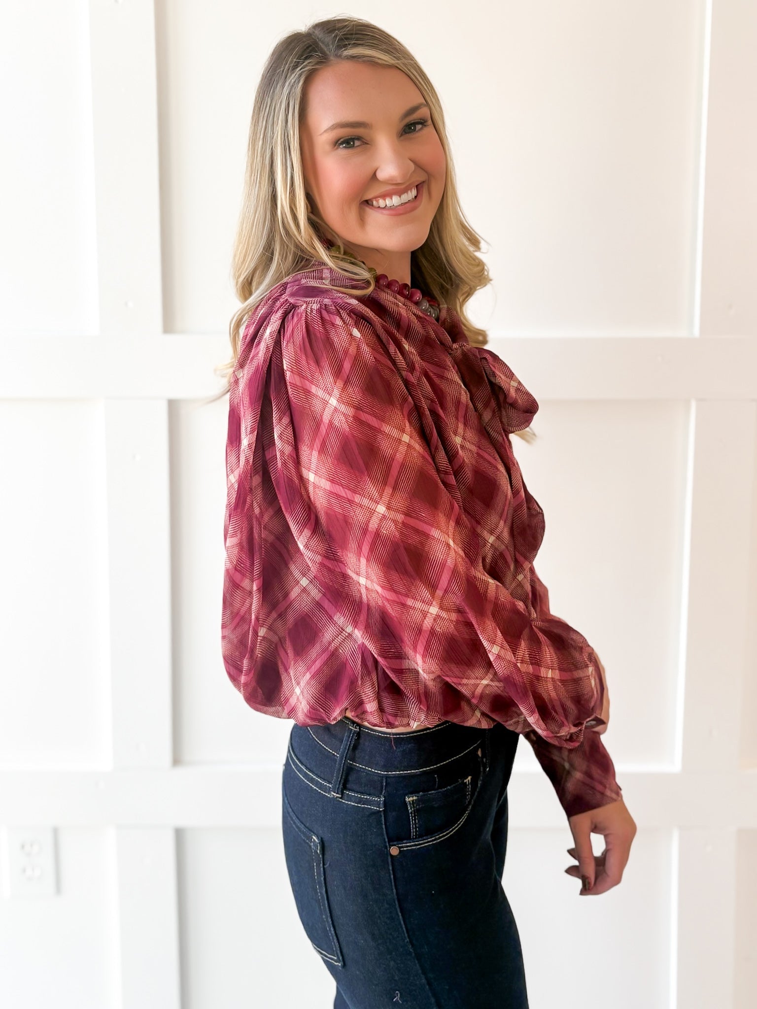Plaid Print Wrap Top - Merlot