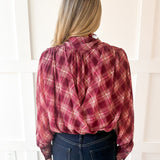 Plaid Print Wrap Top - Merlot