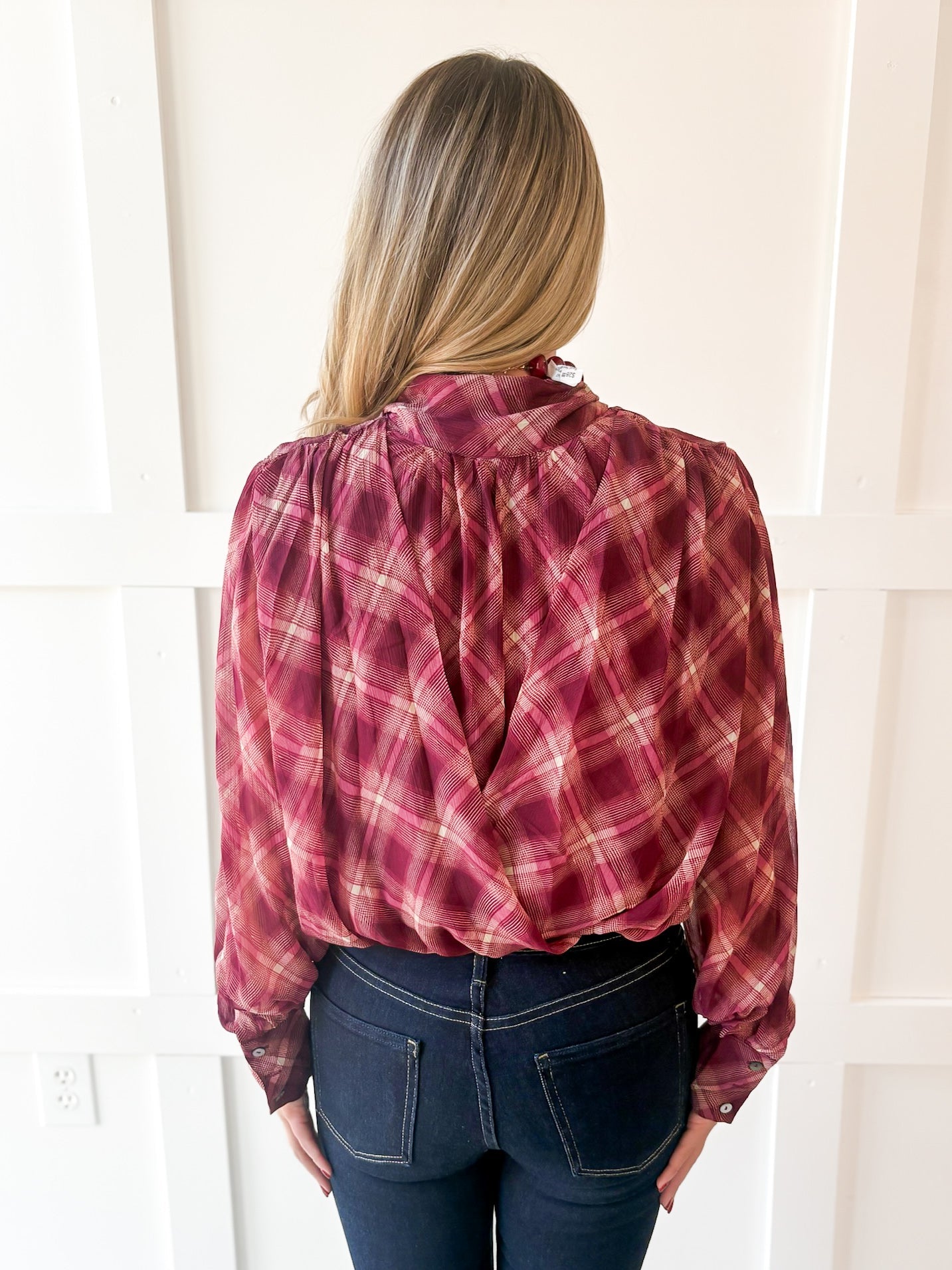 Plaid Print Wrap Top - Merlot