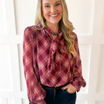 Plaid Print Wrap Top - Merlot