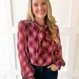 Plaid Print Wrap Top - Merlot