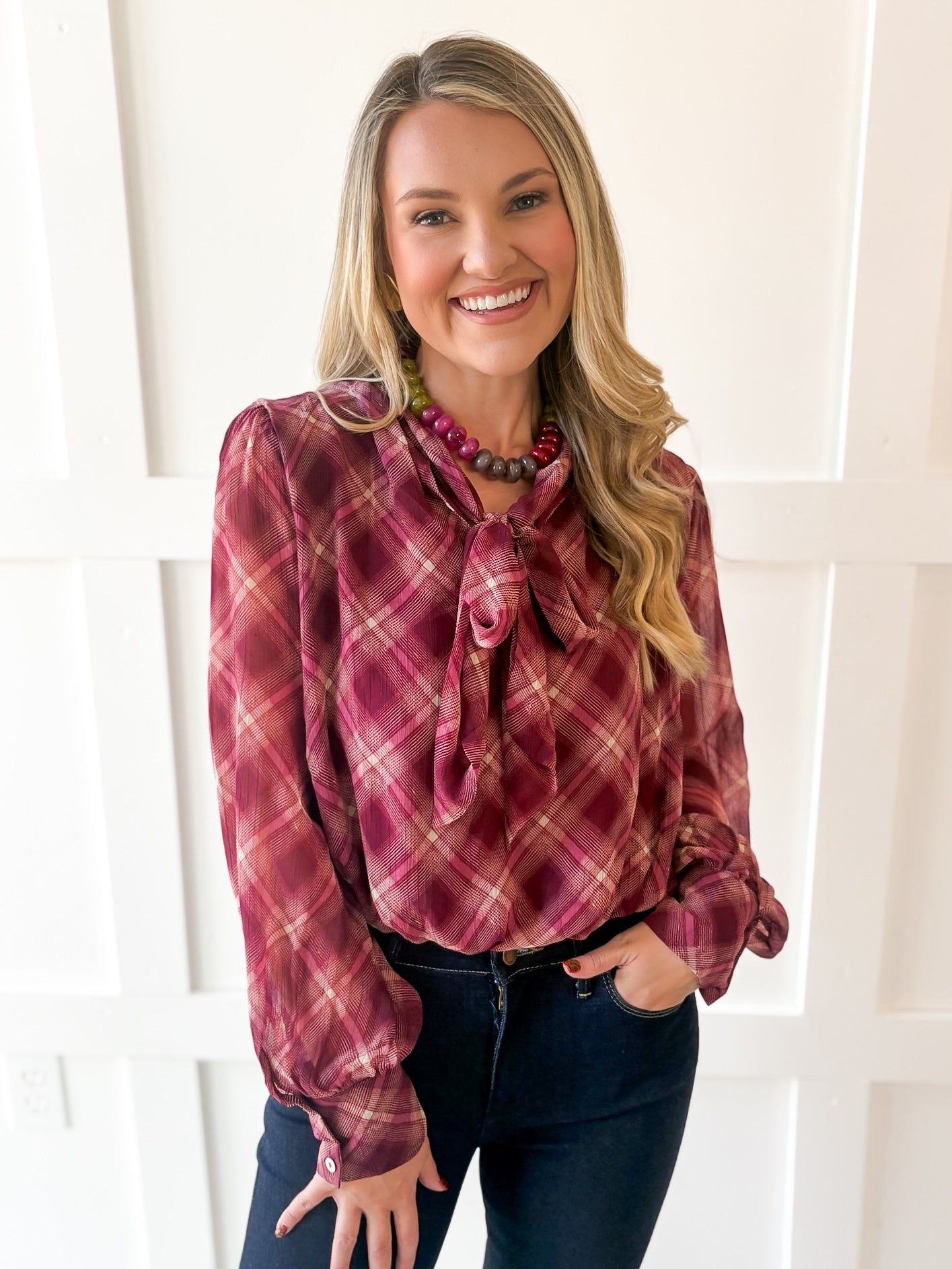 Plaid Print Wrap Top - Merlot