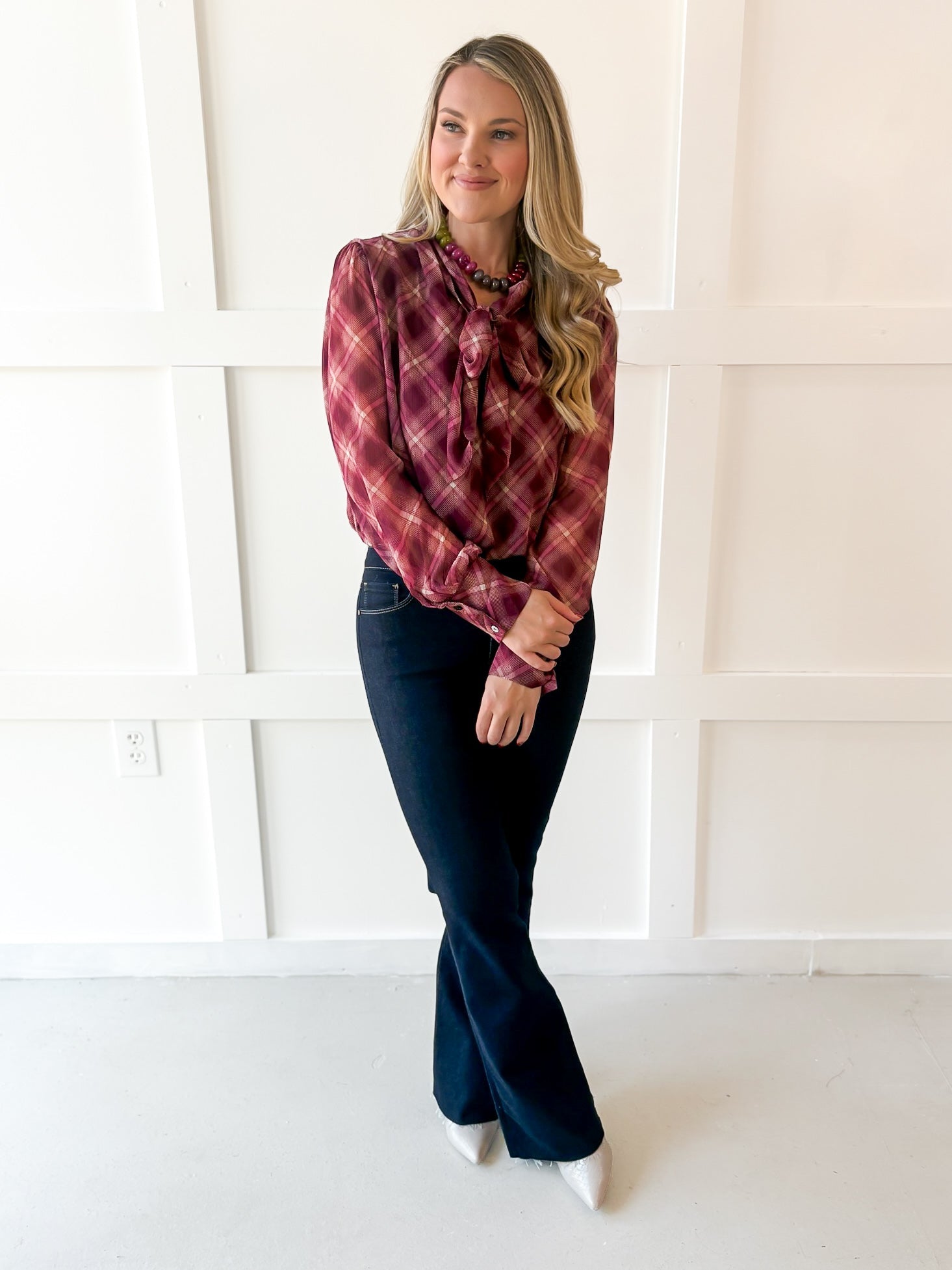 Plaid Print Wrap Top - Merlot