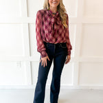Plaid Print Wrap Top - Merlot