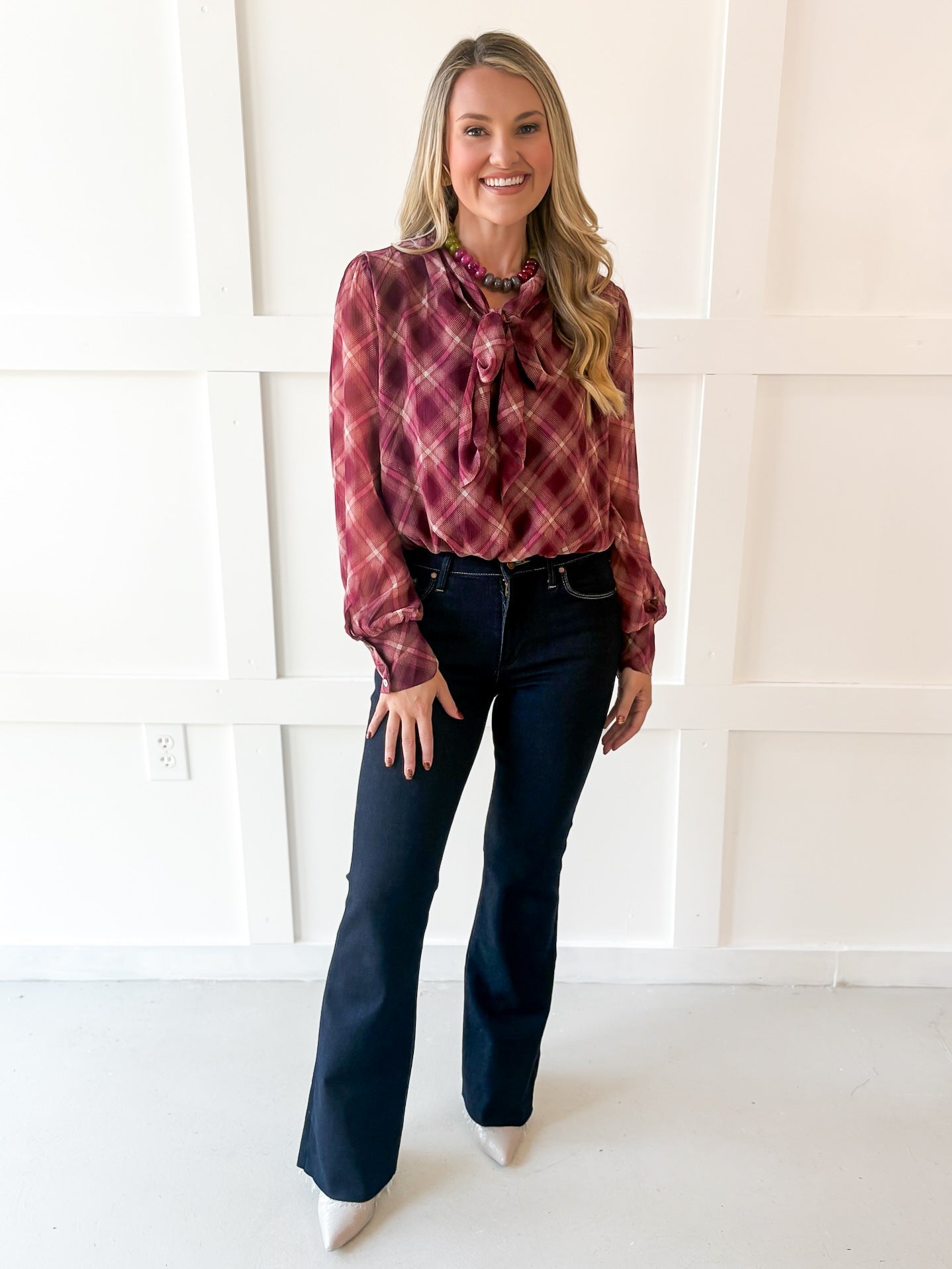 Plaid Print Wrap Top - Merlot