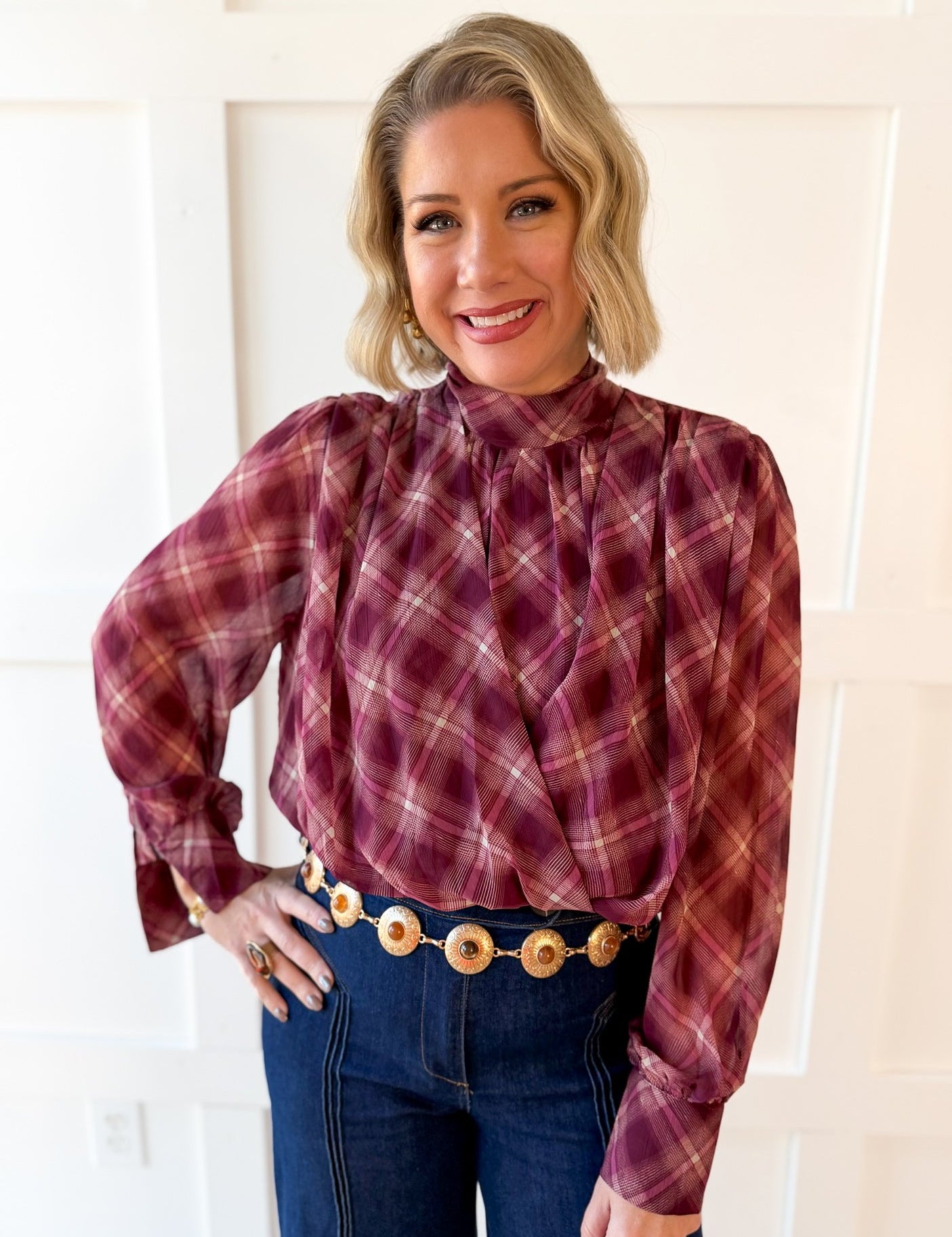 Plaid Print Wrap Top - Merlot