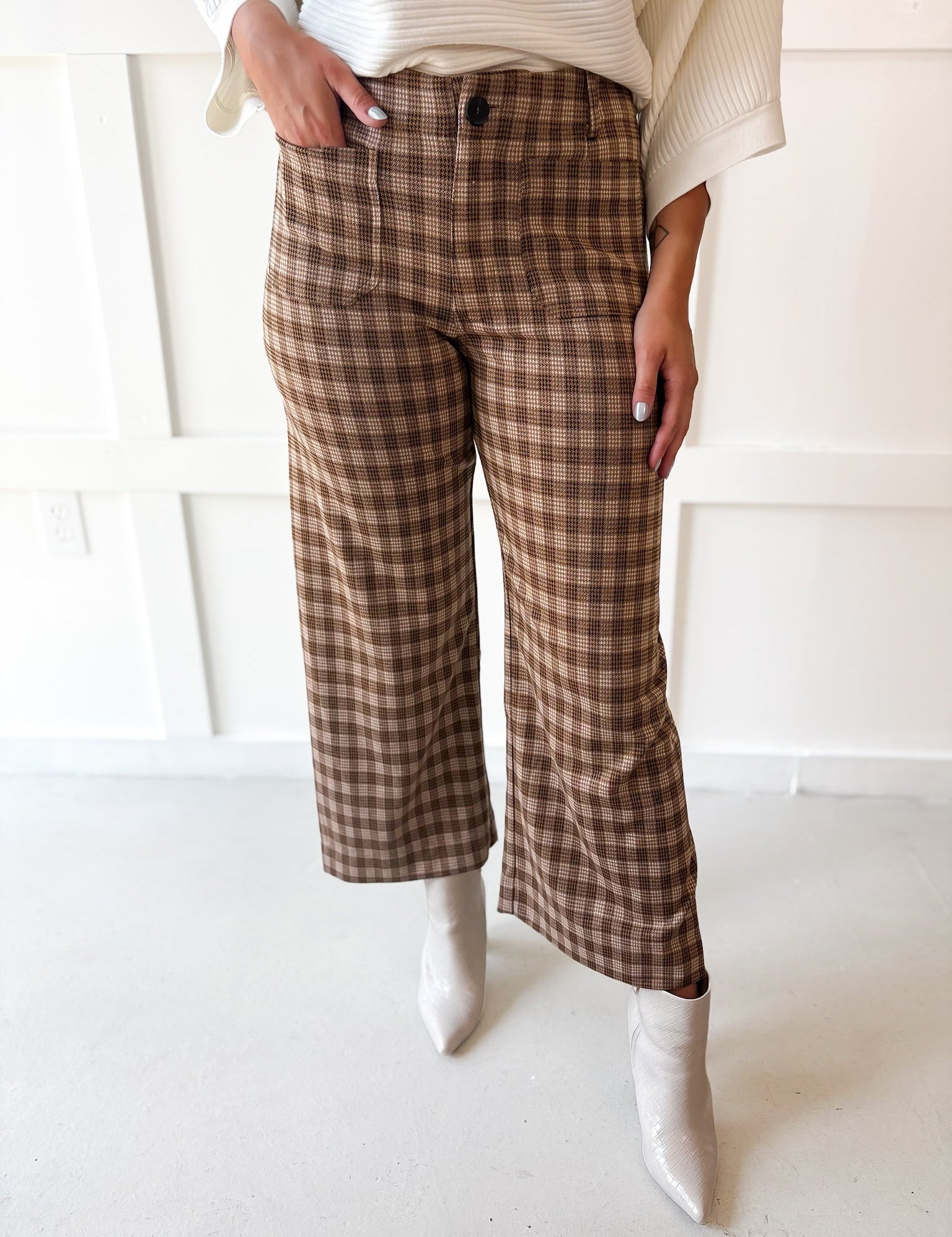 Plaid Straight Leg Pant - Golden Brown