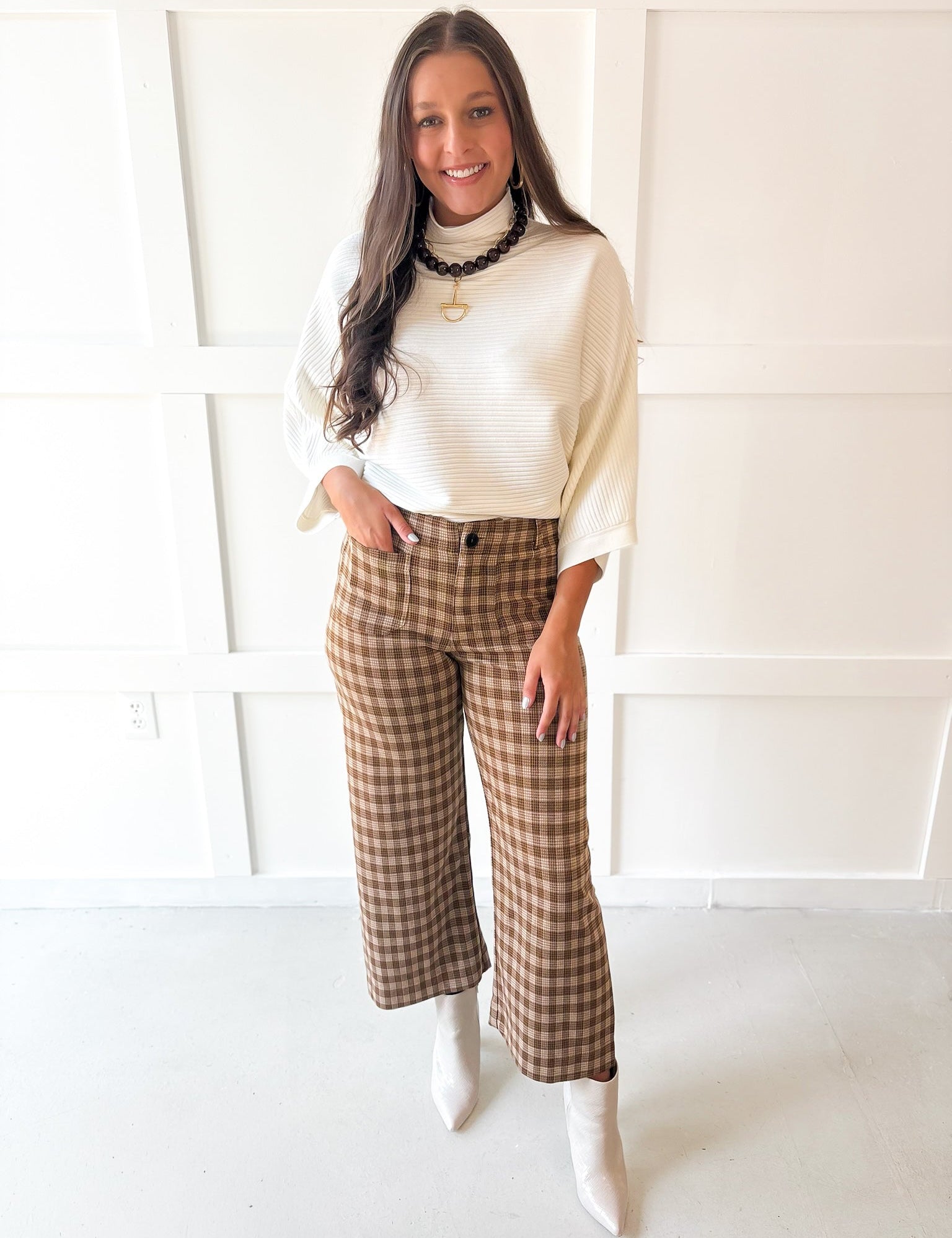 Plaid Straight Leg Pant - Golden Brown