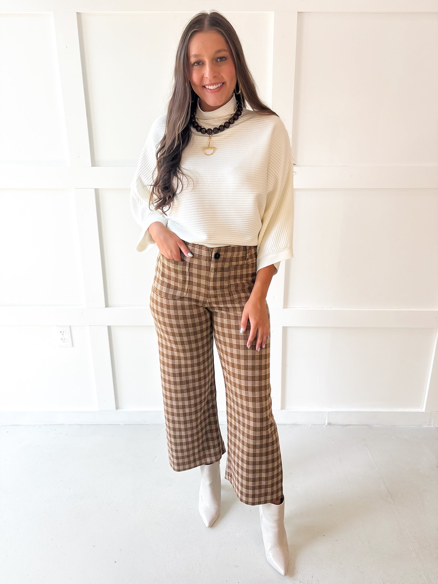 Plaid Straight Leg Pant - Golden Brown