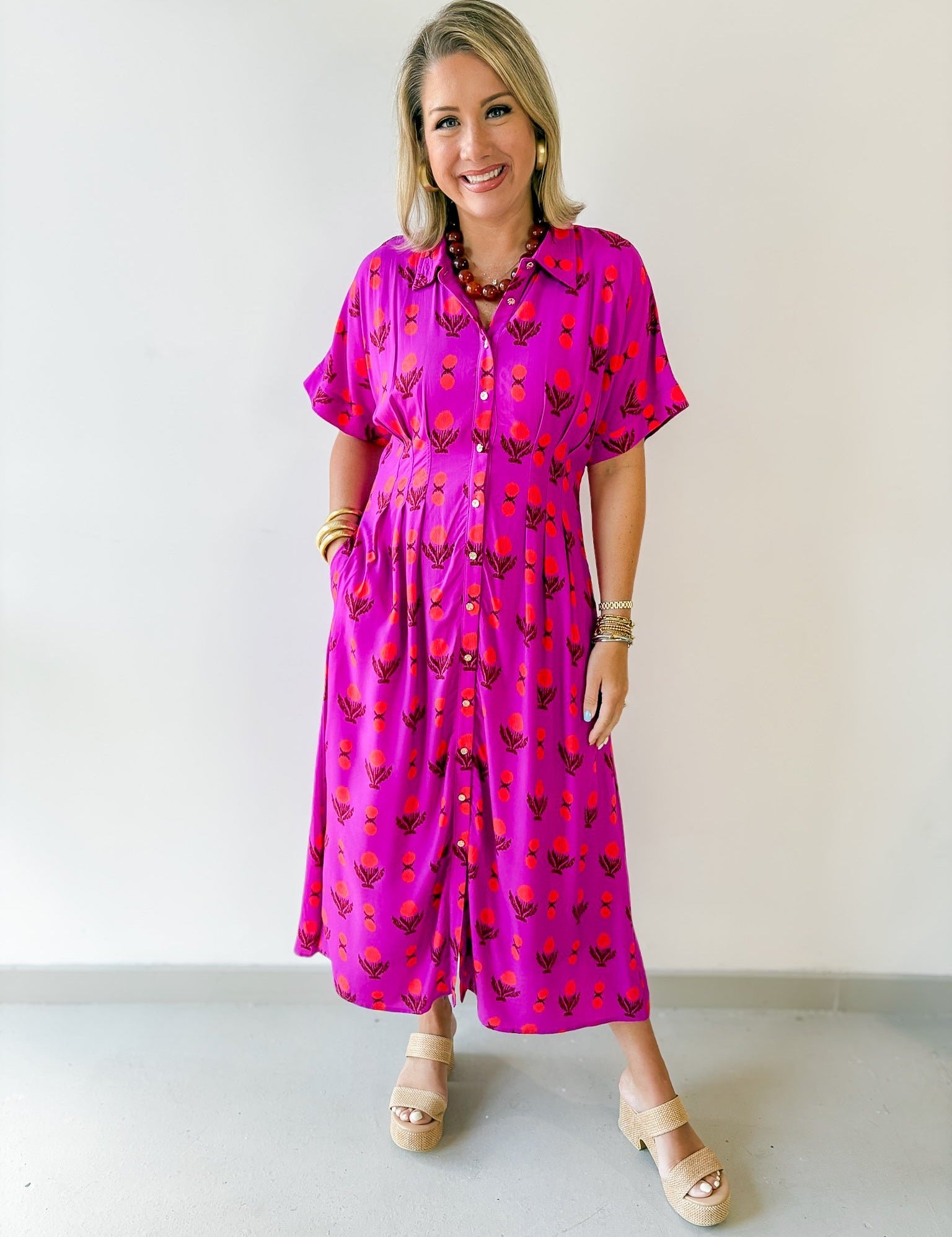 Pleat Detail Floral Midi Dress