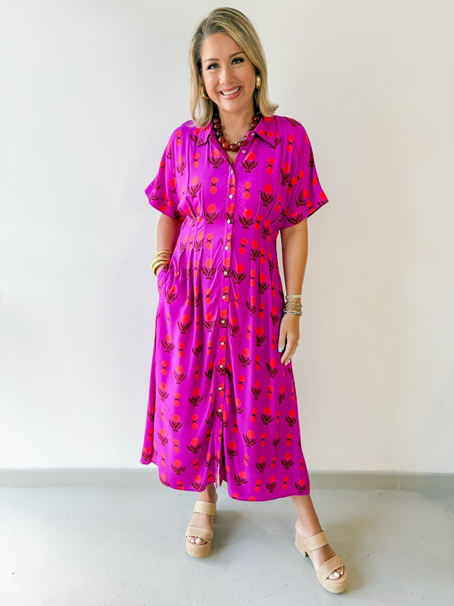Pleat Detail Floral Midi Dress