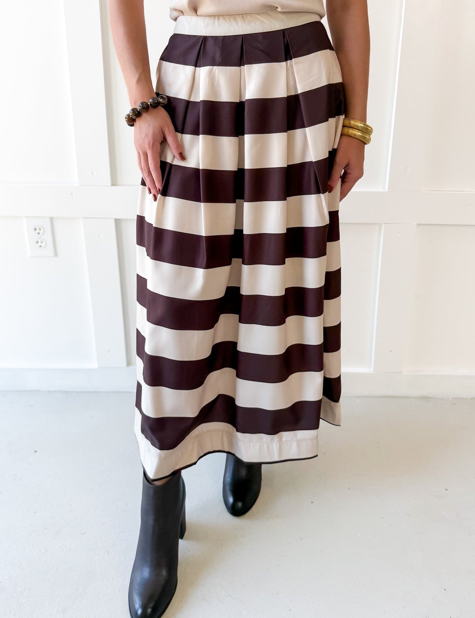 Pleated A-Line Striped Midi Skirt