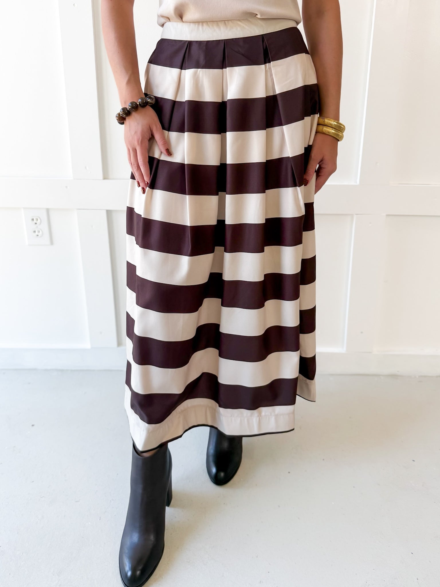 Pleated A-Line Striped Midi Skirt