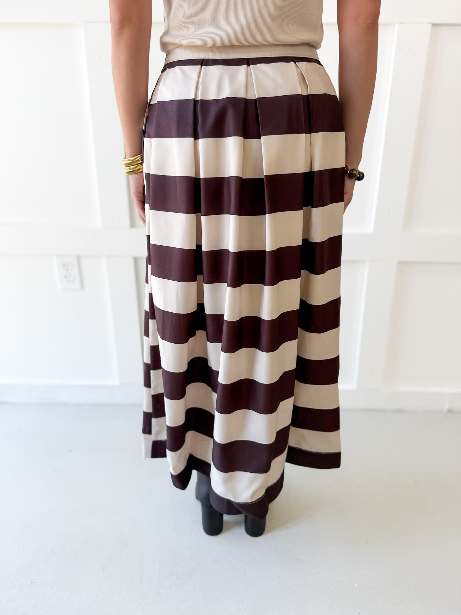 Pleated A-Line Striped Midi Skirt