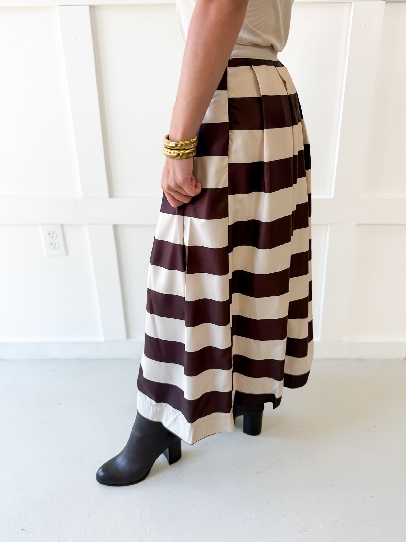 Pleated A-Line Striped Midi Skirt