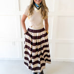 Pleated A-Line Striped Midi Skirt