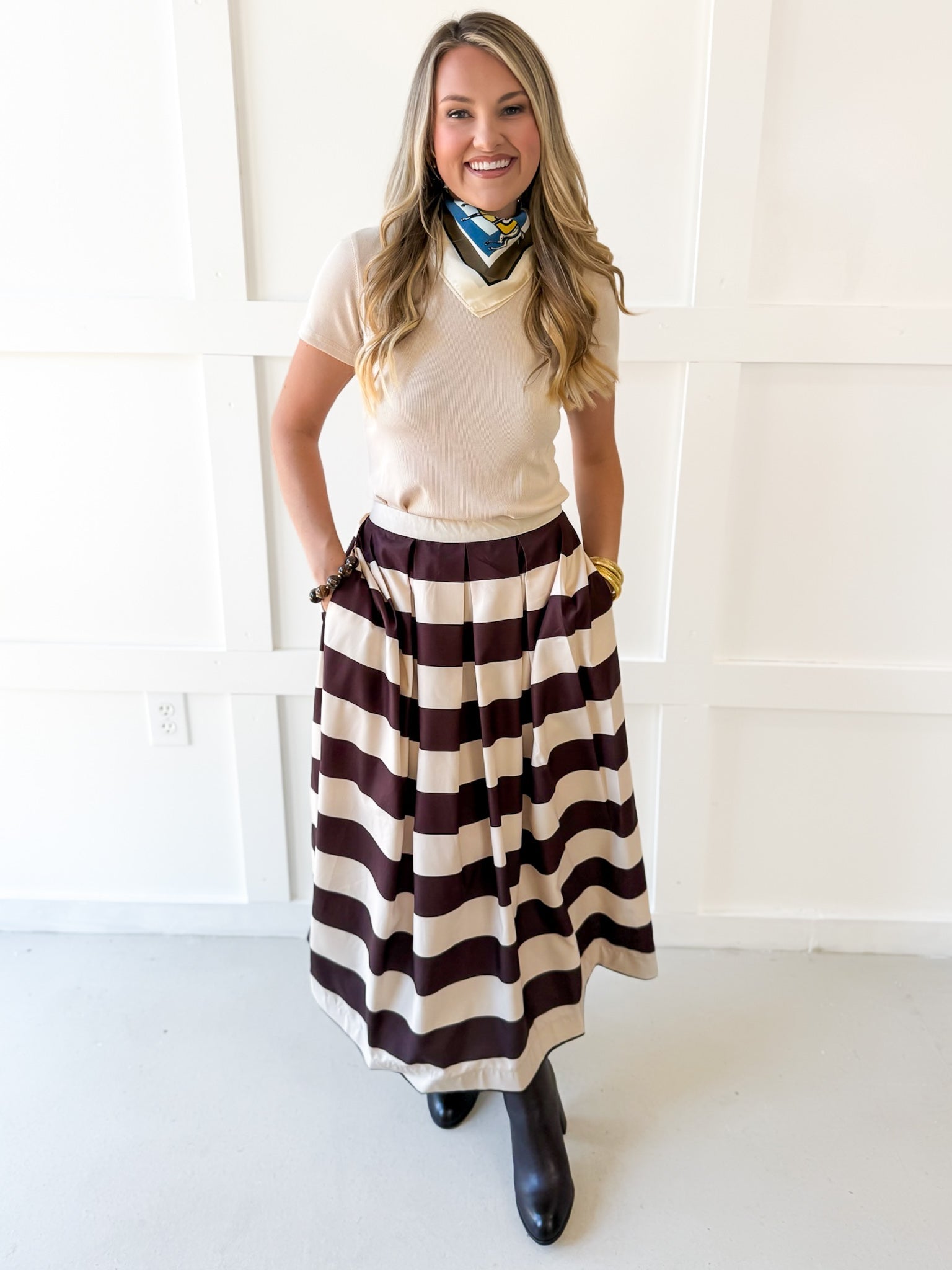 Pleated A-Line Striped Midi Skirt