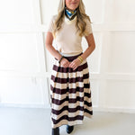 Pleated A-Line Striped Midi Skirt