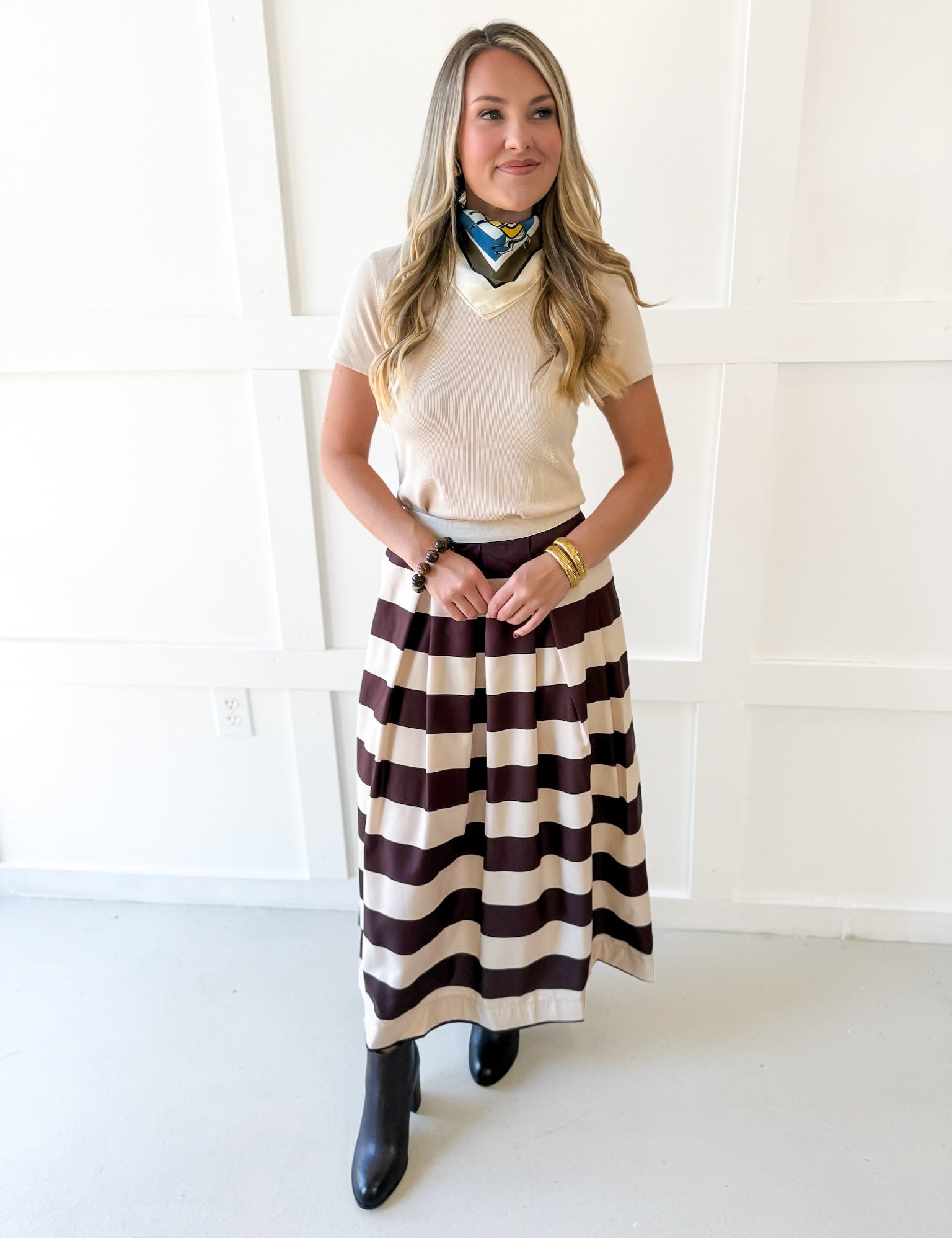 Pleated A-Line Striped Midi Skirt