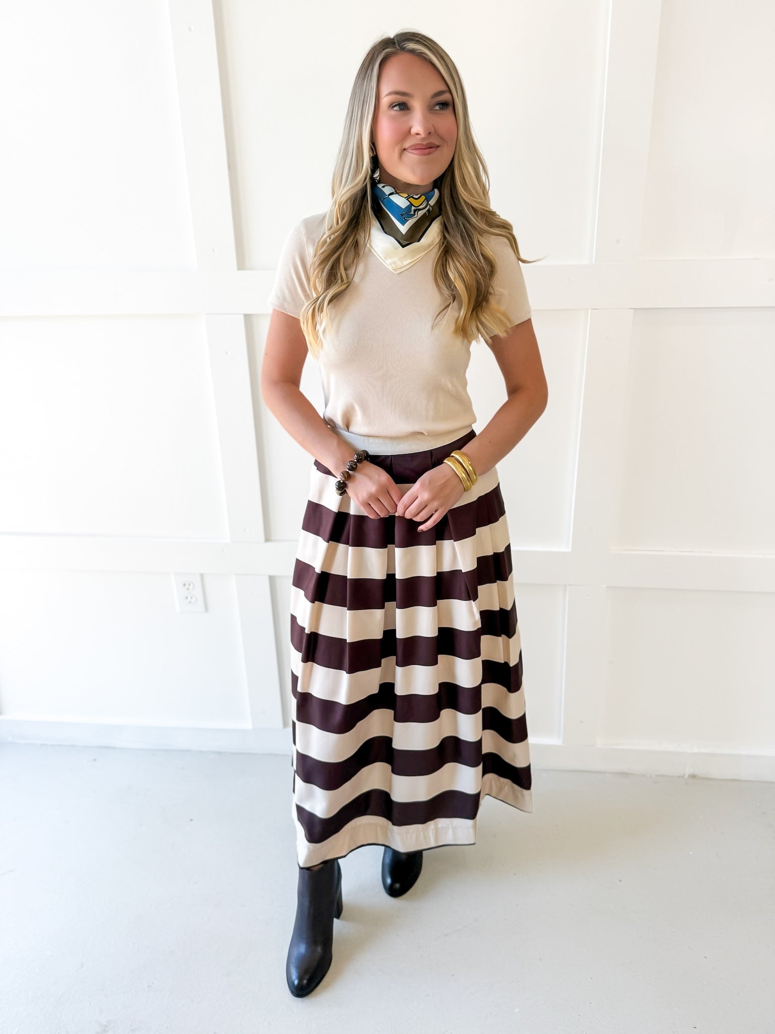 Pleated A-Line Striped Midi Skirt