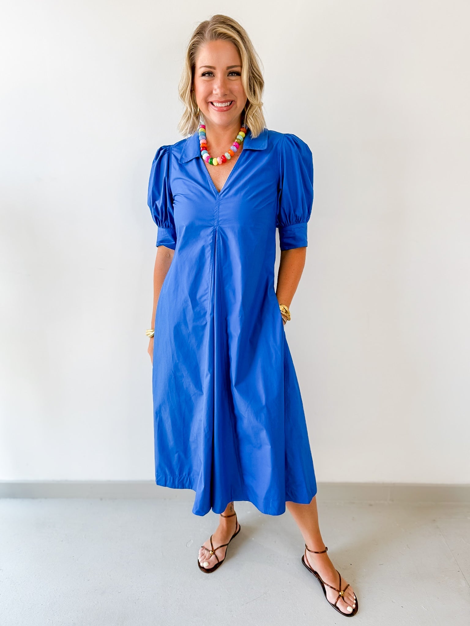 Pleated A Line V Neck Dress