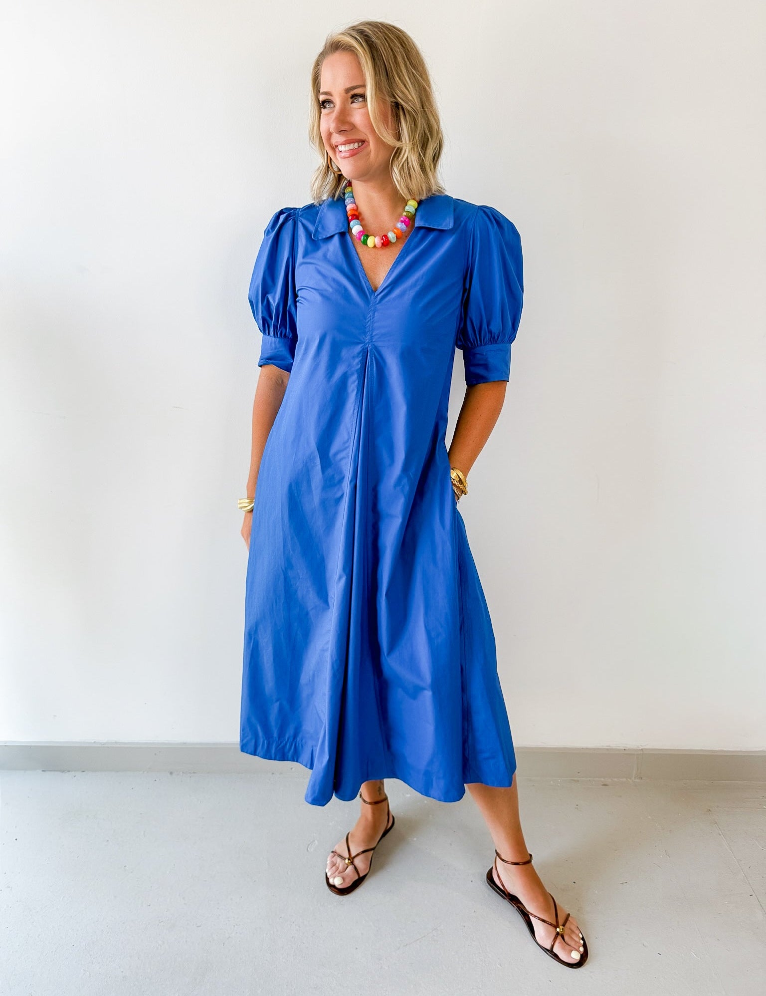 Pleated A Line V Neck Dress