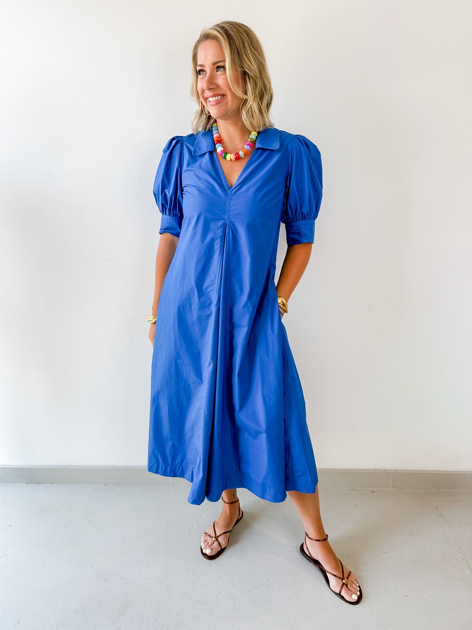 Pleated A Line V Neck Dress