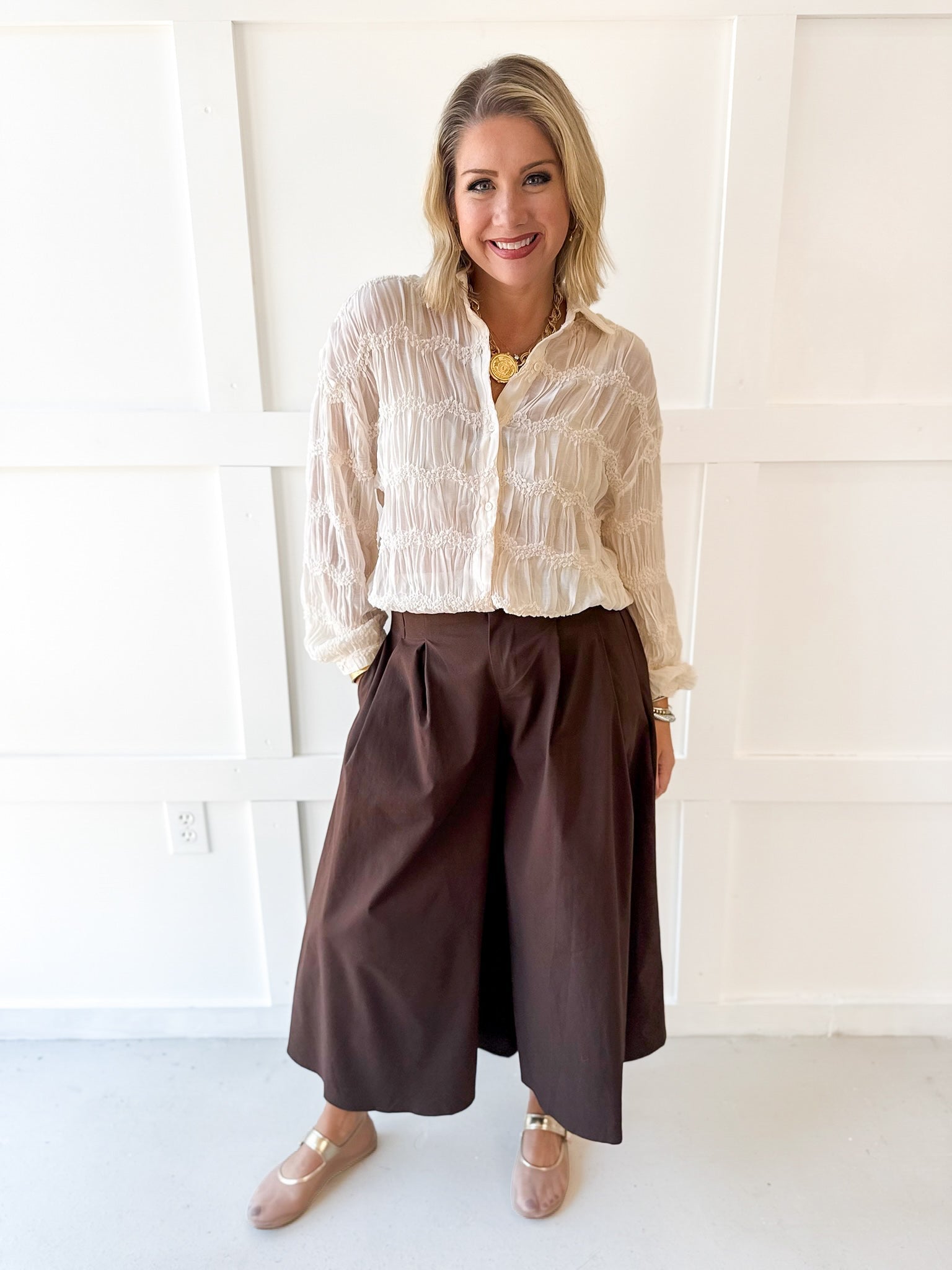 Pleated Cullotte Pants- Brown