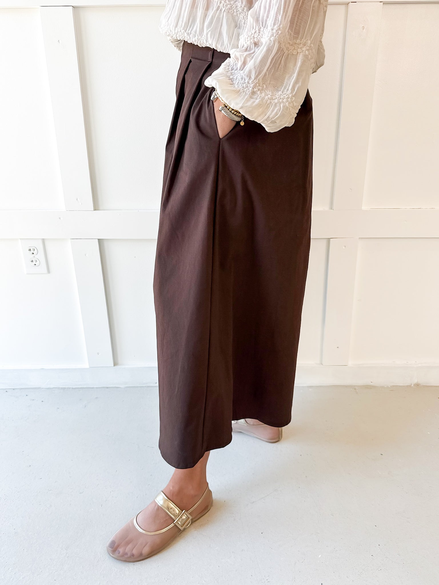 Pleated Cullotte Pants- Brown