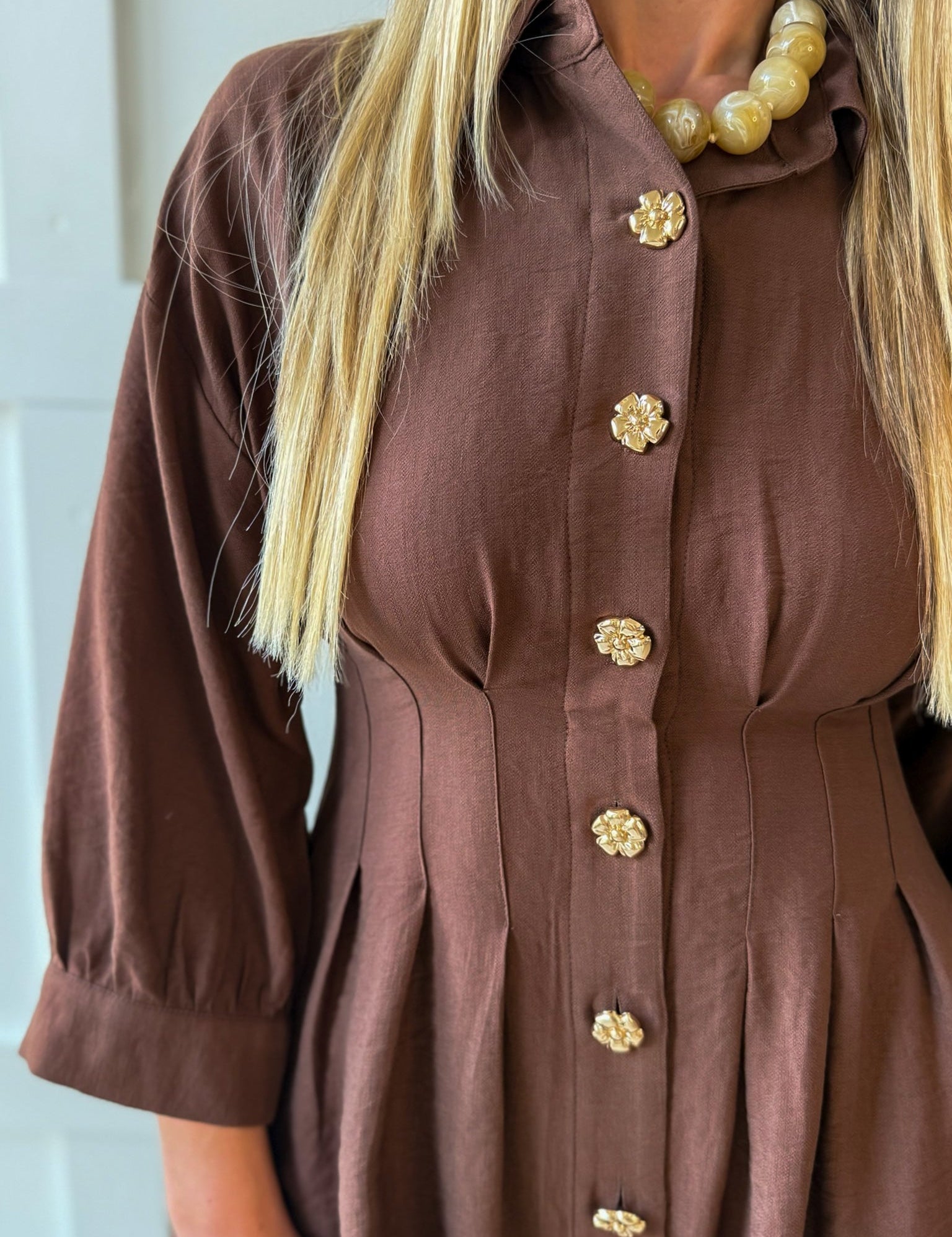 Pleated Waist Dress- Brown