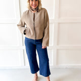 Pleather Trimmed Zip Front Jacket- Milk Tea