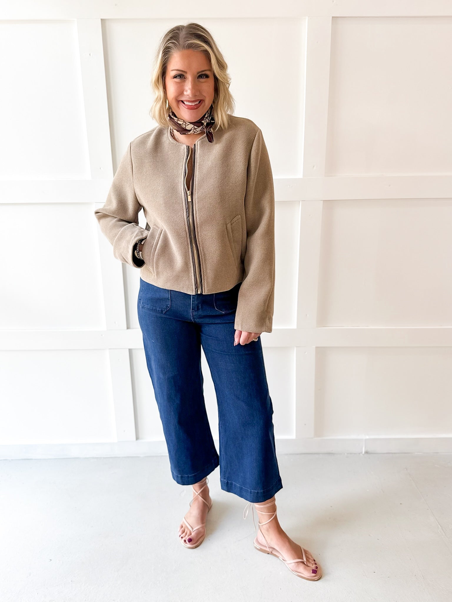 Pleather Trimmed Zip Front Jacket- Milk Tea