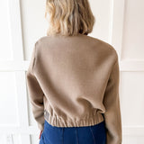 Pleather Trimmed Zip Front Jacket- Milk Tea