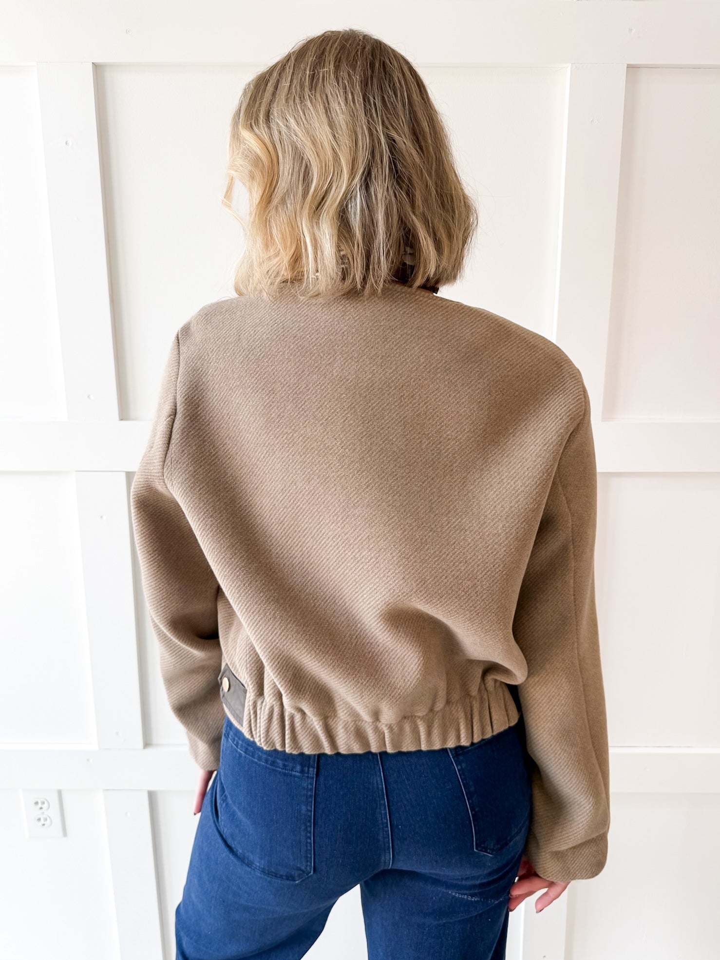 Pleather Trimmed Zip Front Jacket- Milk Tea