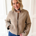 Pleather Trimmed Zip Front Jacket- Milk Tea