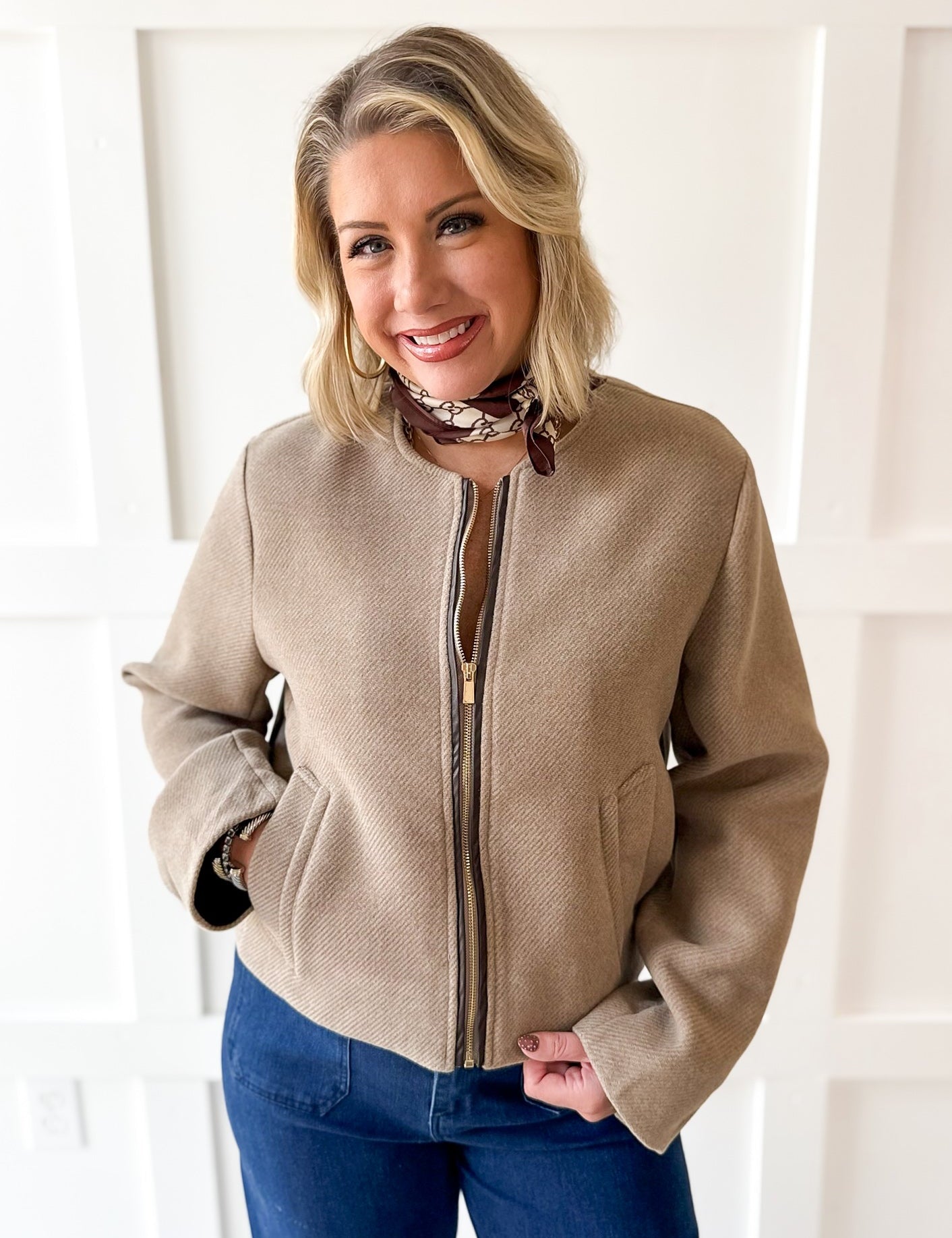 Pleather Trimmed Zip Front Jacket- Milk Tea